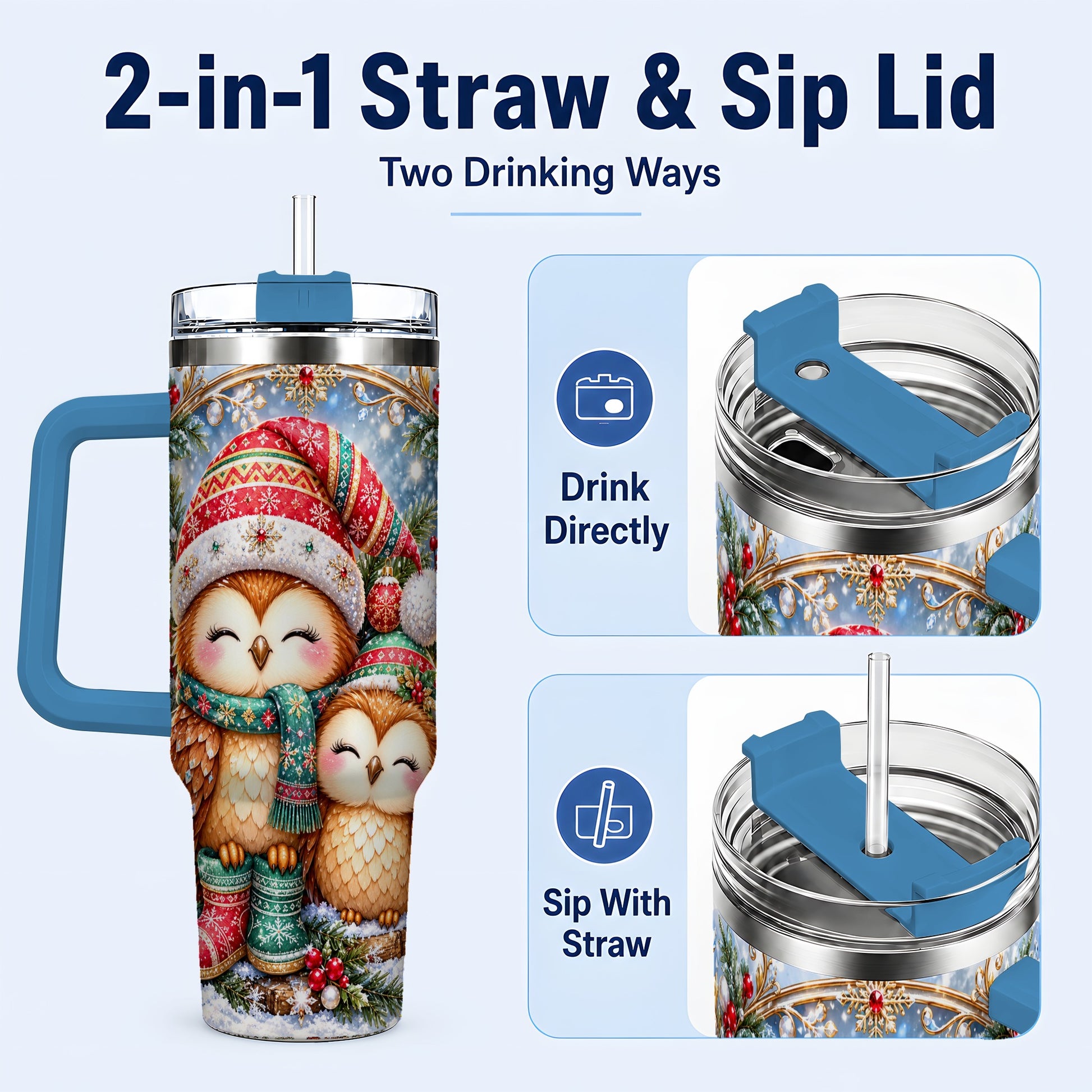#pl[40oz|Blue] Christmas Owl Pair 40oz Tumbler, Cozy Owl Stainless Steel Travel Cup