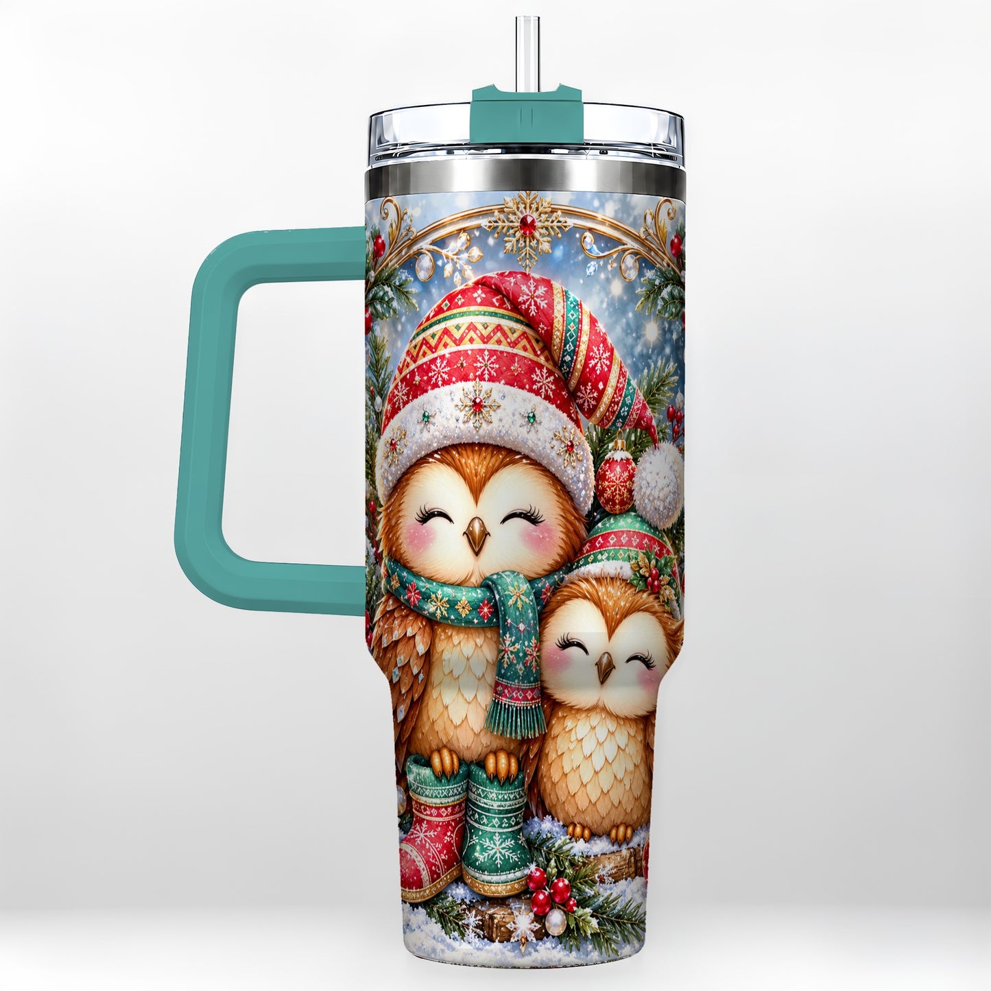 #pl[40oz|Green] Christmas Owl Pair 40oz Tumbler, Cozy Owl Stainless Steel Travel Cup