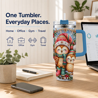 #pl[40oz|Blue] Christmas Owl Pair 40oz Tumbler, Cozy Owl Stainless Steel Travel Cup