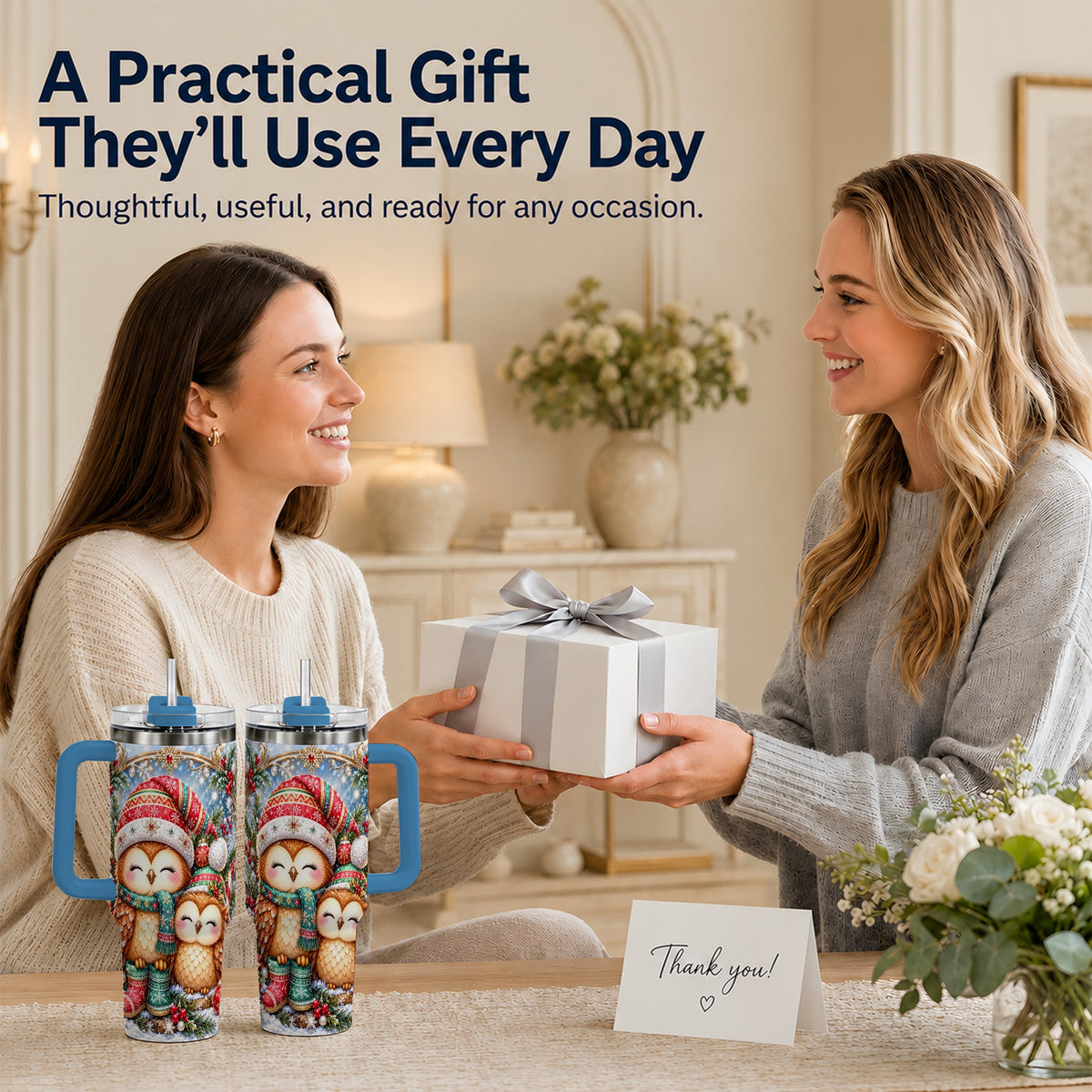 #pl[40oz|Blue] Christmas Owl Pair 40oz Tumbler, Cozy Owl Stainless Steel Travel Cup