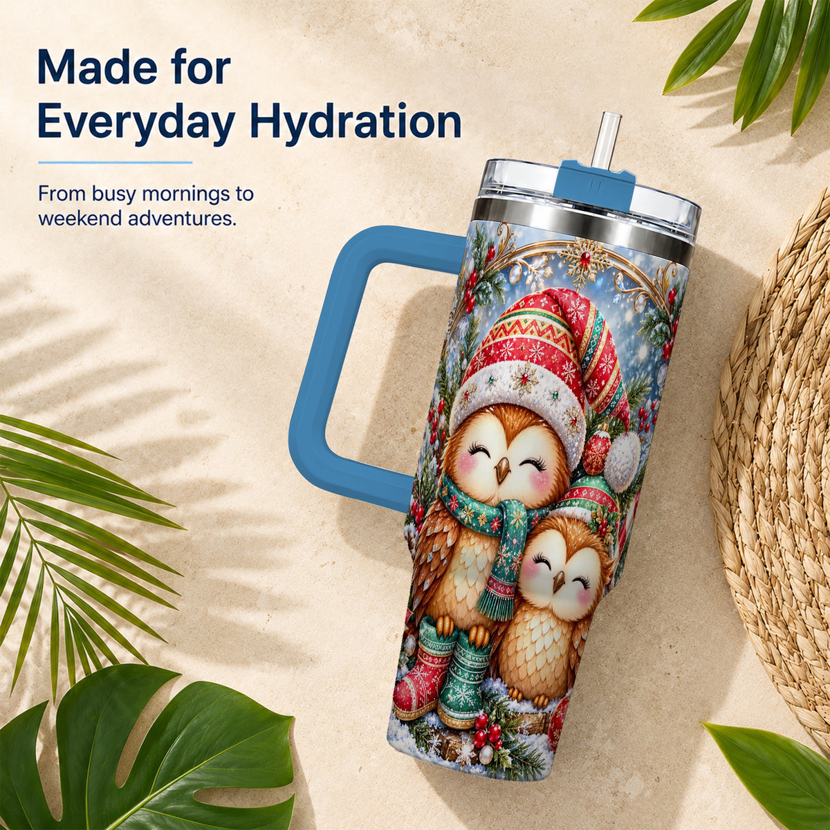 #pl[40oz|Blue] Christmas Owl Pair 40oz Tumbler, Cozy Owl Stainless Steel Travel Cup