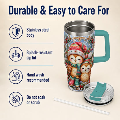 #pl[40oz|Green] Christmas Owl Pair 40oz Tumbler, Cozy Owl Stainless Steel Travel Cup