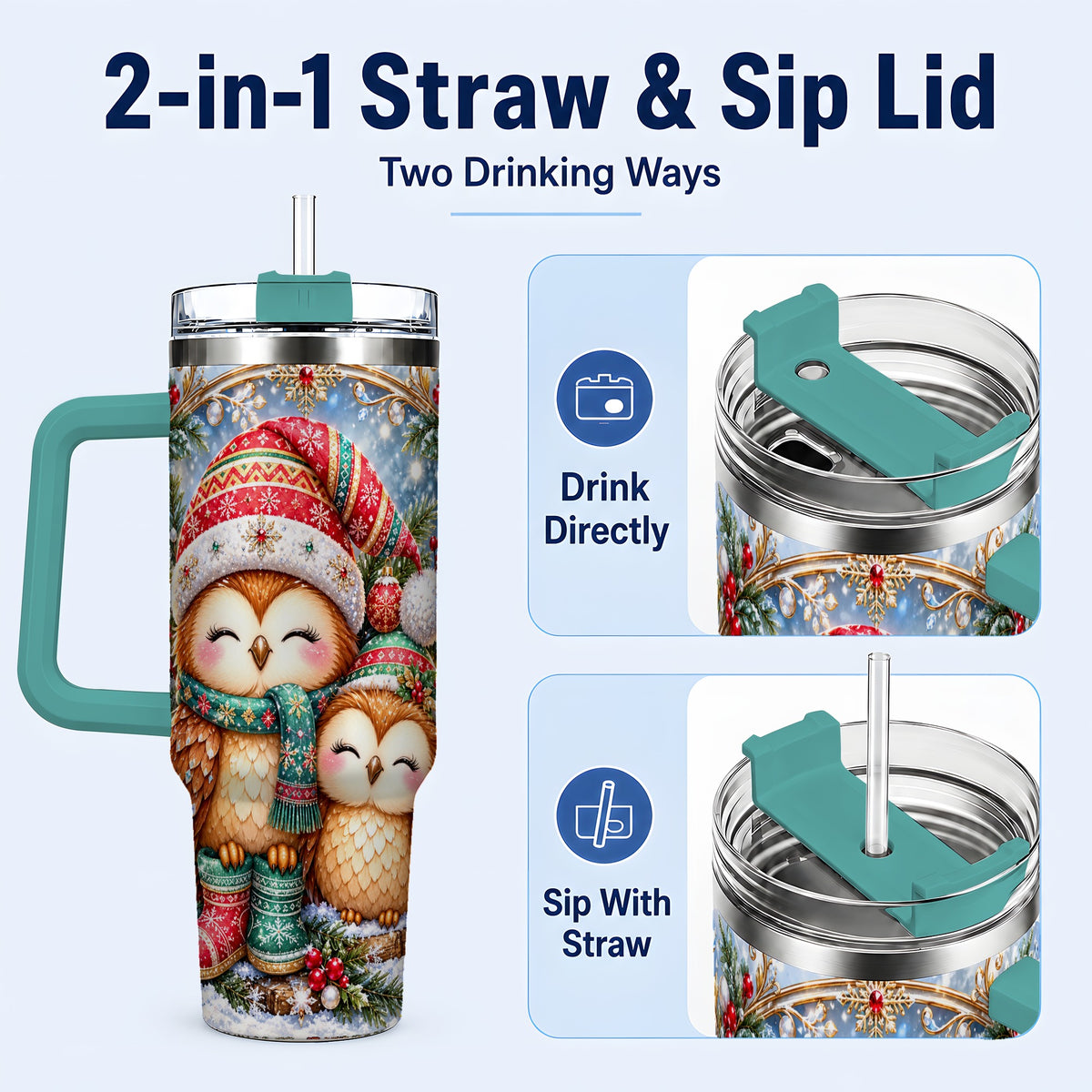 #pl[40oz|Green] Christmas Owl Pair 40oz Tumbler, Cozy Owl Stainless Steel Travel Cup