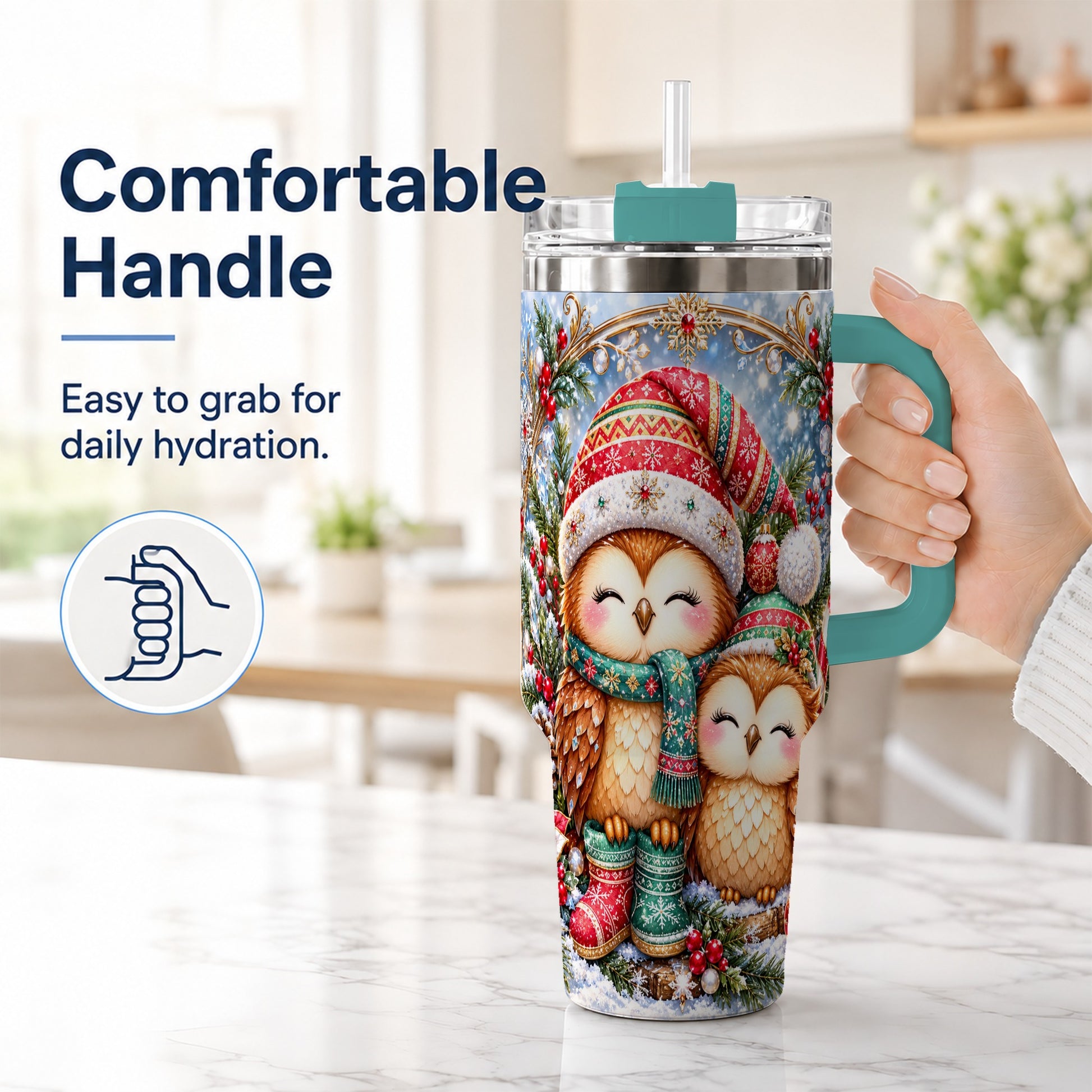 #pl[40oz|Green] Christmas Owl Pair 40oz Tumbler, Cozy Owl Stainless Steel Travel Cup