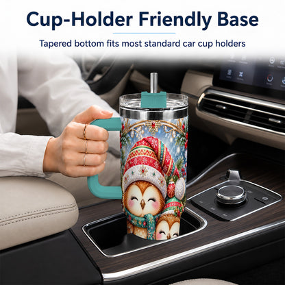 #pl[40oz|Green] Christmas Owl Pair 40oz Tumbler, Cozy Owl Stainless Steel Travel Cup