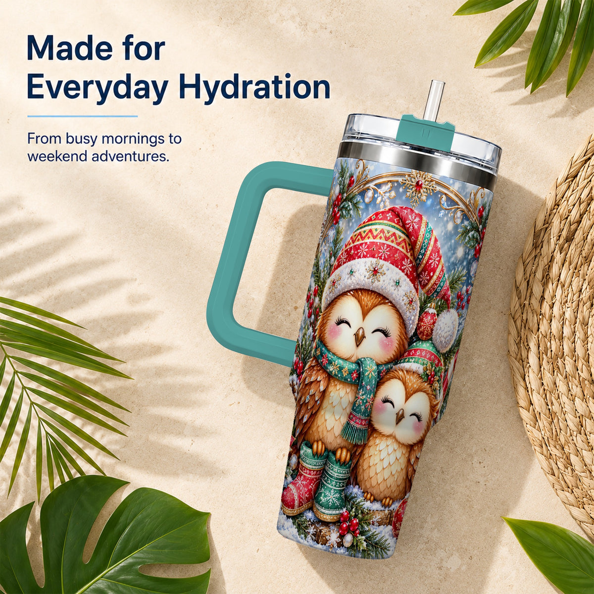 #pl[40oz|Green] Christmas Owl Pair 40oz Tumbler, Cozy Owl Stainless Steel Travel Cup