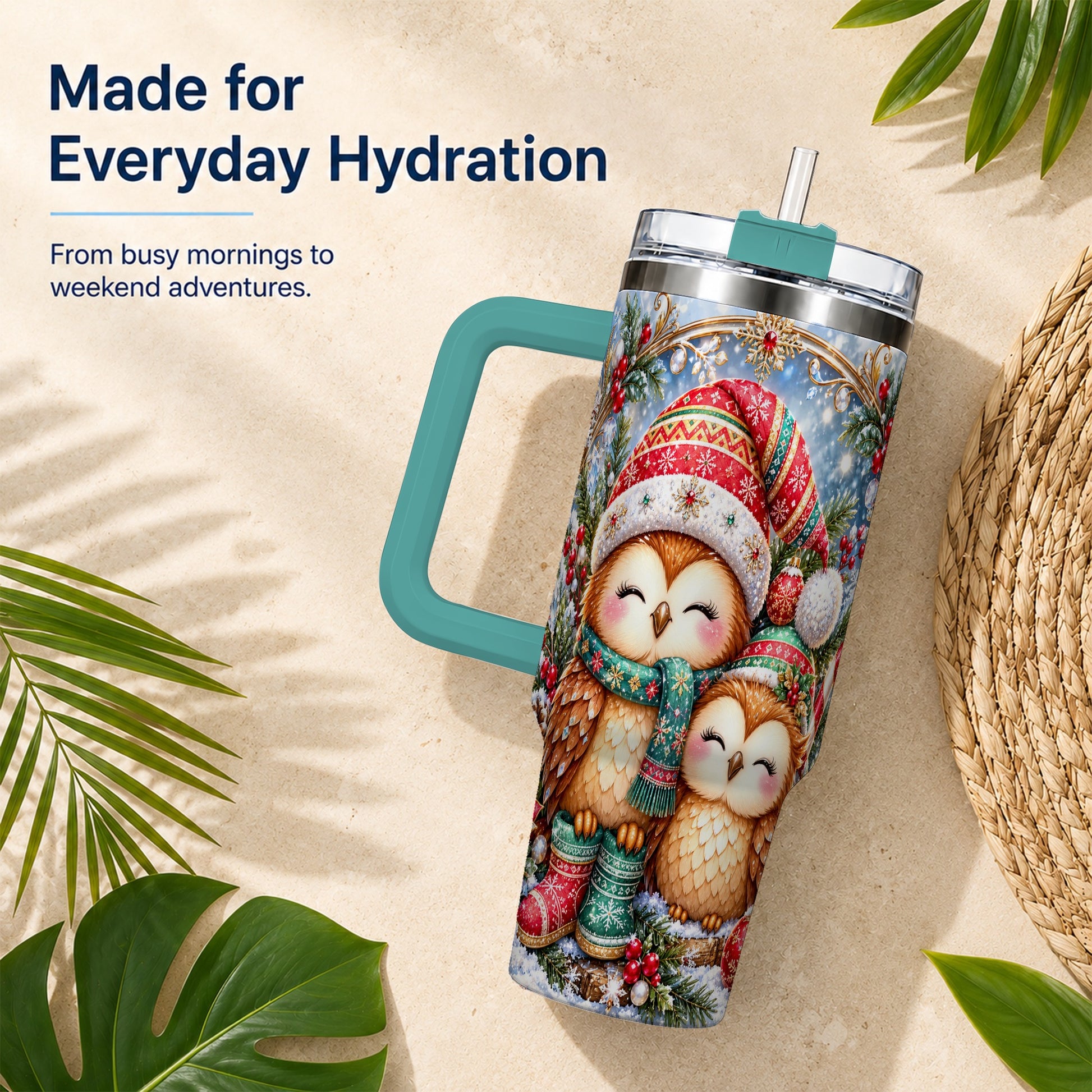 #pl[40oz|Green] Christmas Owl Pair 40oz Tumbler, Cozy Owl Stainless Steel Travel Cup