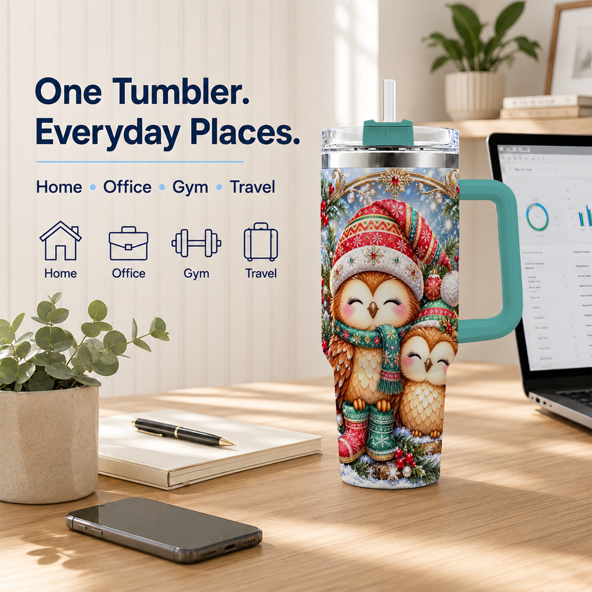 #pl[40oz|Green] Christmas Owl Pair 40oz Tumbler, Cozy Owl Stainless Steel Travel Cup