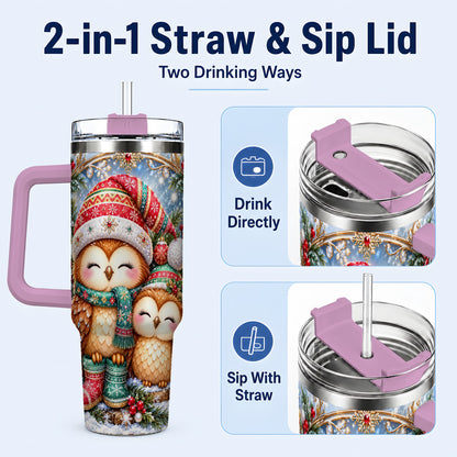 #pl[40oz|Pink] Christmas Owl Pair 40oz Tumbler, Cozy Owl Stainless Steel Travel Cup