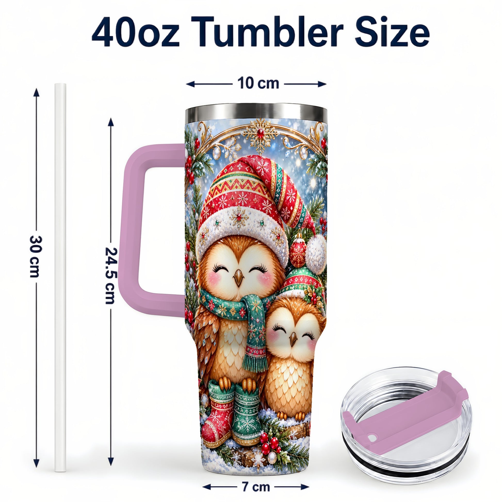 #pl[40oz|Pink] Christmas Owl Pair 40oz Tumbler, Cozy Owl Stainless Steel Travel Cup