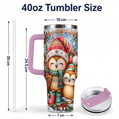 #pl[40oz|Pink] Christmas Owl Pair 40oz Tumbler, Cozy Owl Stainless Steel Travel Cup
