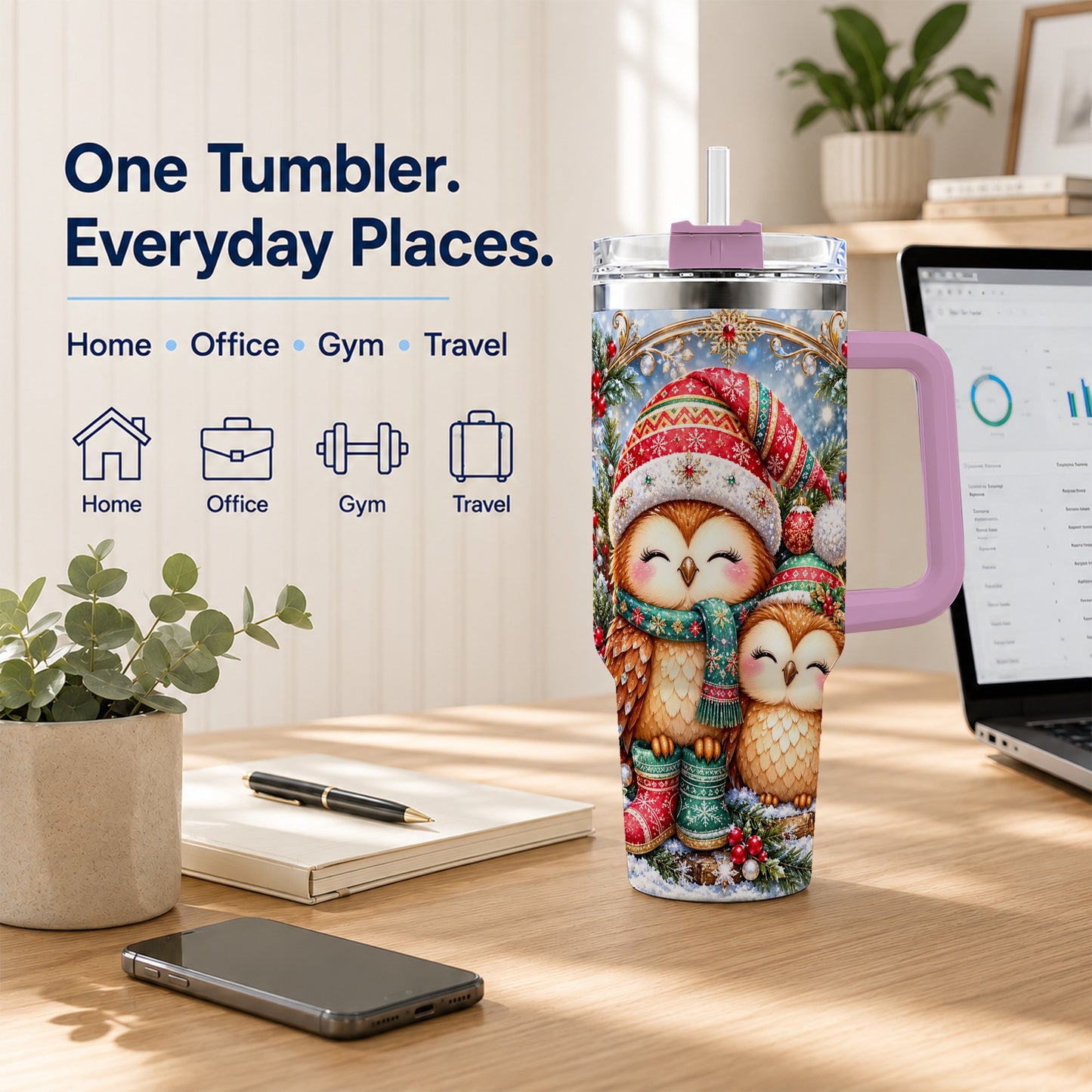 #pl[40oz|Pink] Christmas Owl Pair 40oz Tumbler, Cozy Owl Stainless Steel Travel Cup