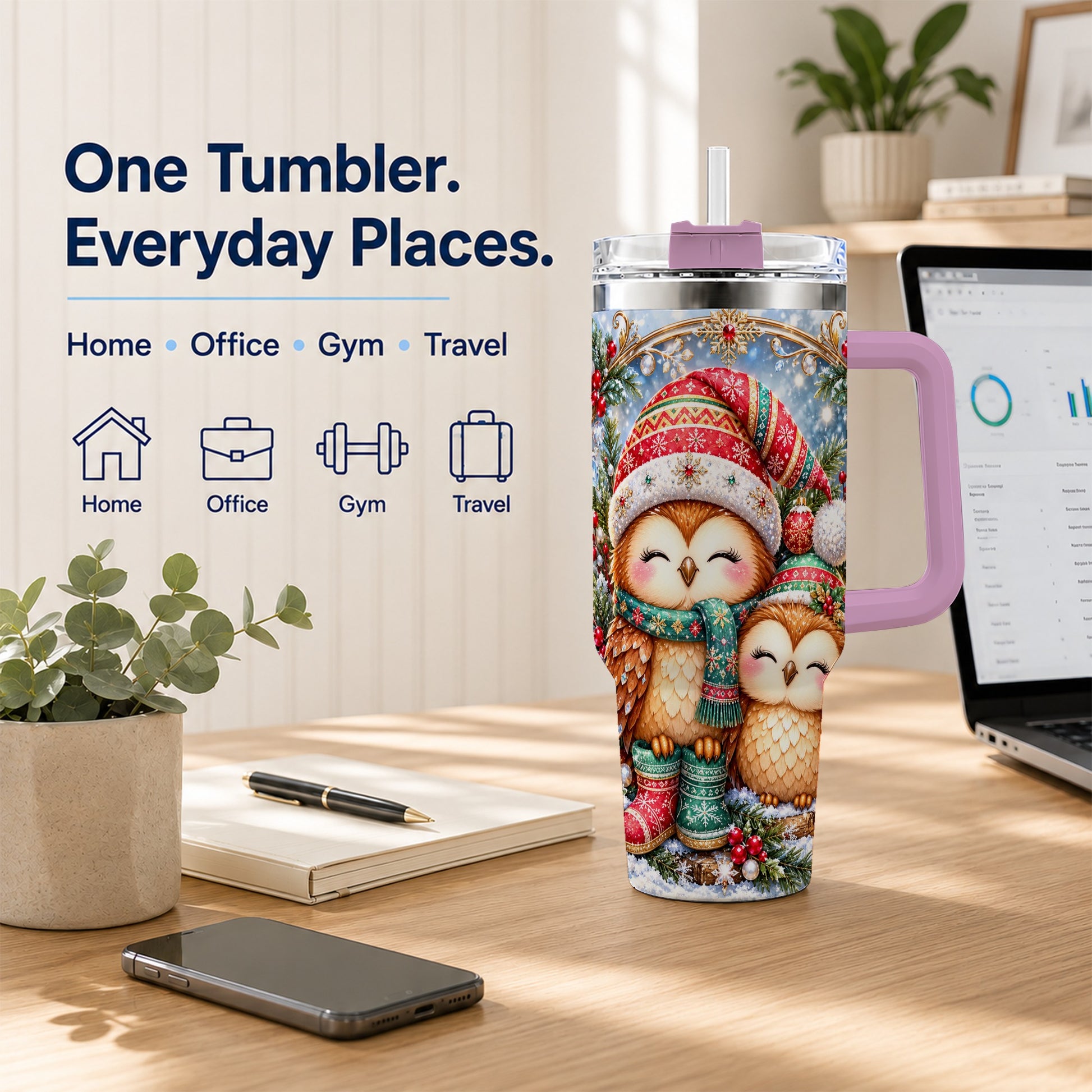 #pl[40oz|Pink] Christmas Owl Pair 40oz Tumbler, Cozy Owl Stainless Steel Travel Cup