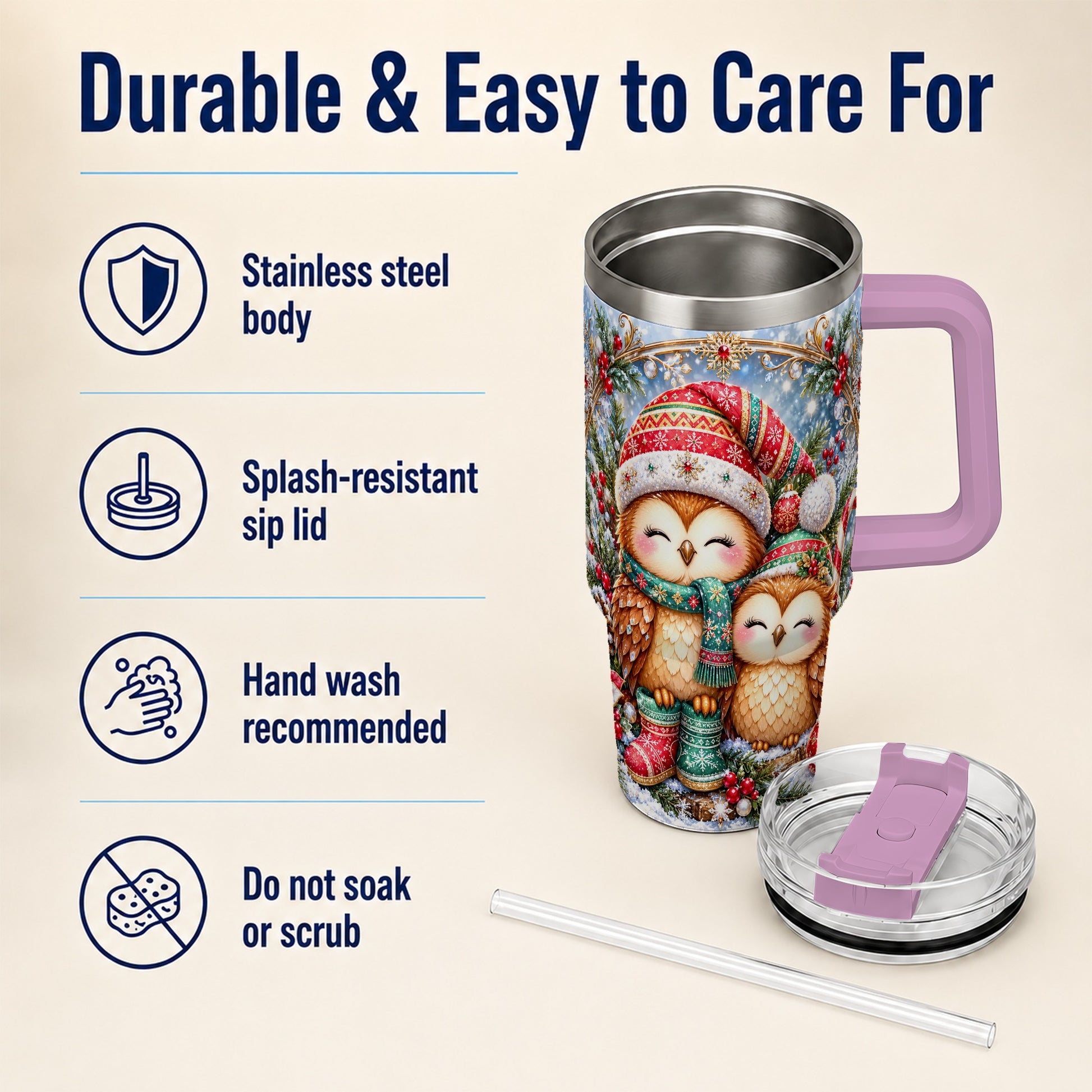 #pl[40oz|Pink] Christmas Owl Pair 40oz Tumbler, Cozy Owl Stainless Steel Travel Cup