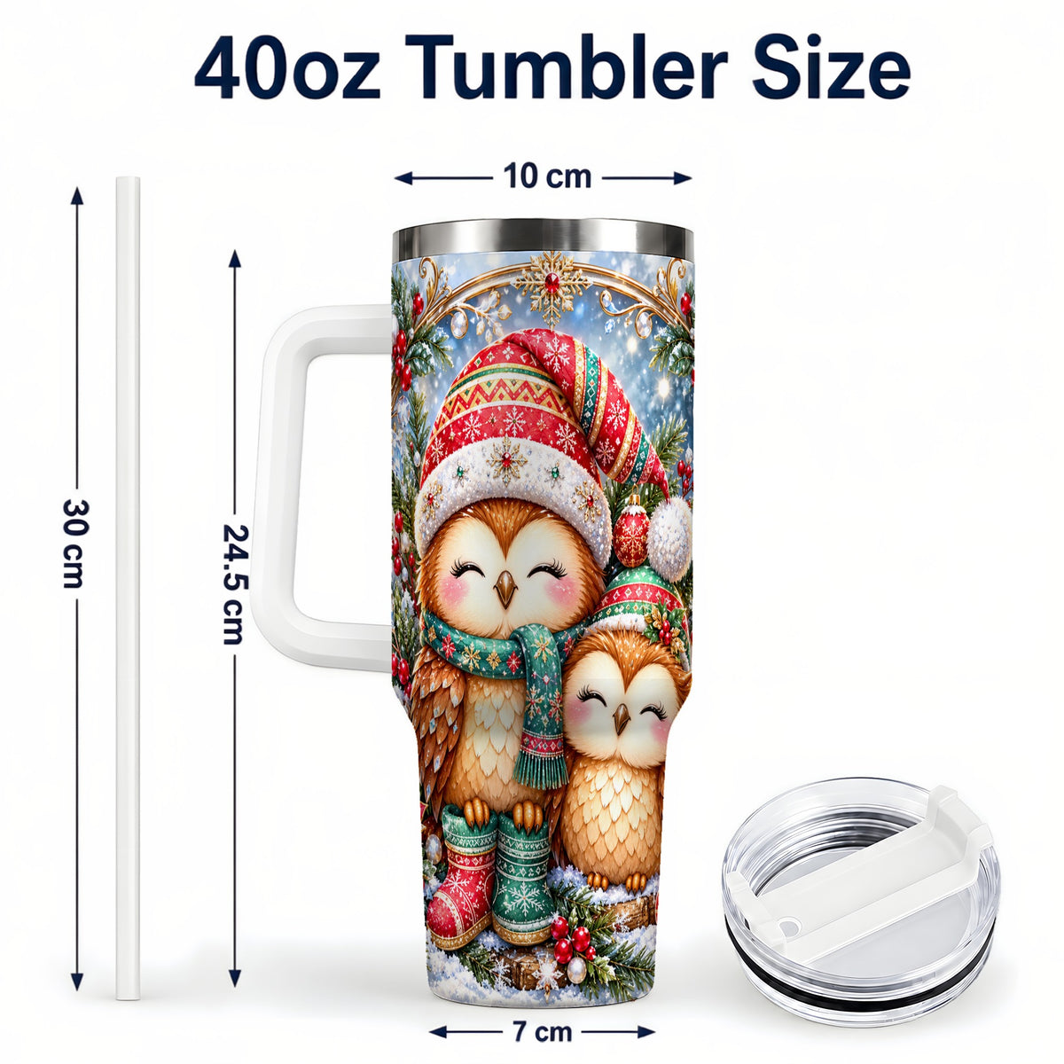 #pl[40oz|White] Christmas Owl Pair 40oz Tumbler, Cozy Owl Stainless Steel Travel Cup