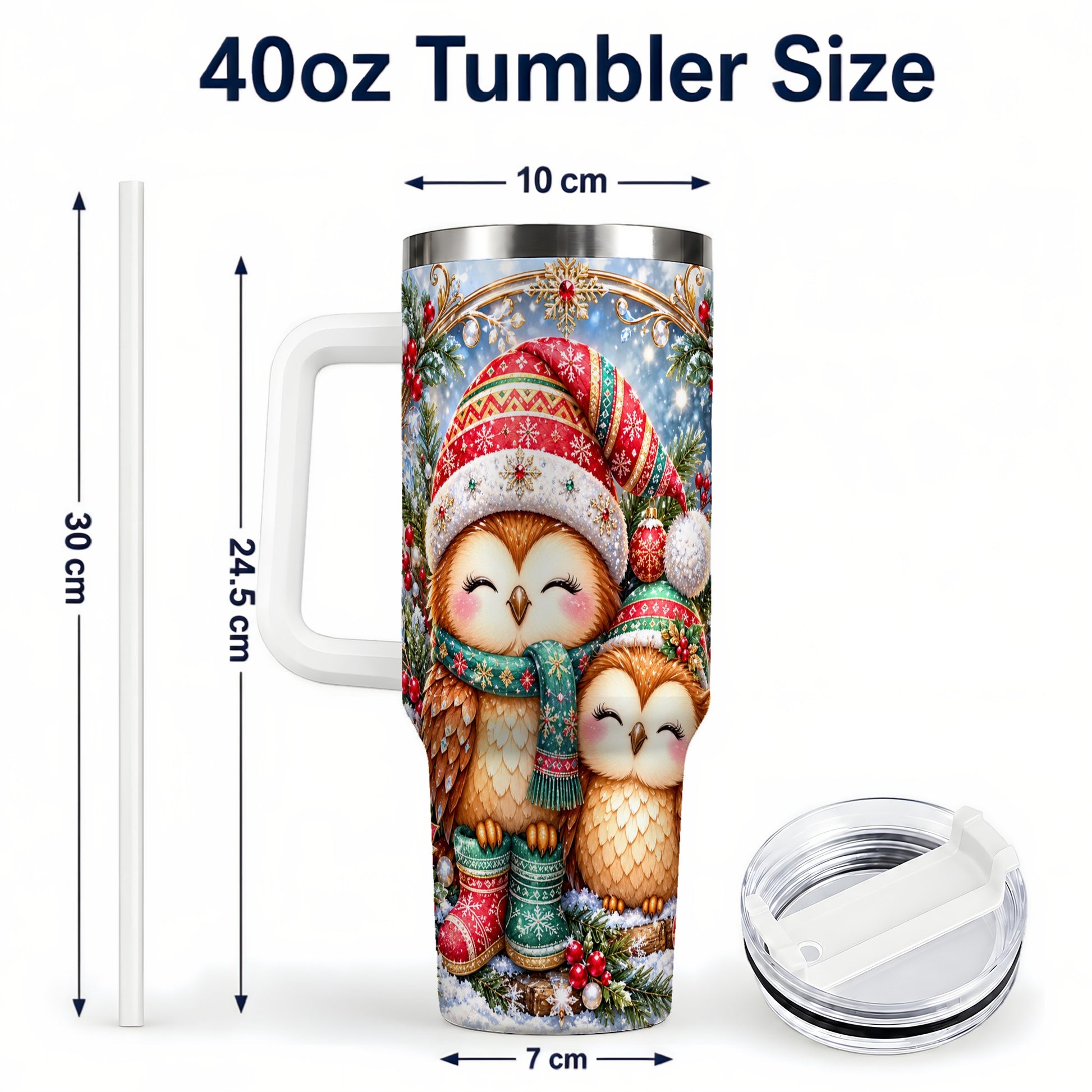 #pl[40oz|White] Christmas Owl Pair 40oz Tumbler, Cozy Owl Stainless Steel Travel Cup
