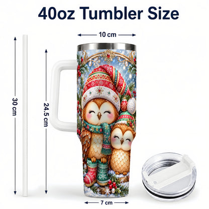 #pl[40oz|White] Christmas Owl Pair 40oz Tumbler, Cozy Owl Stainless Steel Travel Cup
