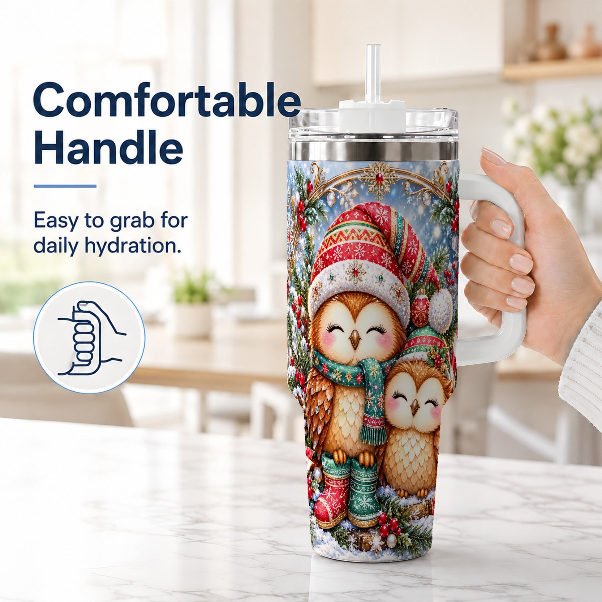 #pl[40oz|White] Christmas Owl Pair 40oz Tumbler, Cozy Owl Stainless Steel Travel Cup
