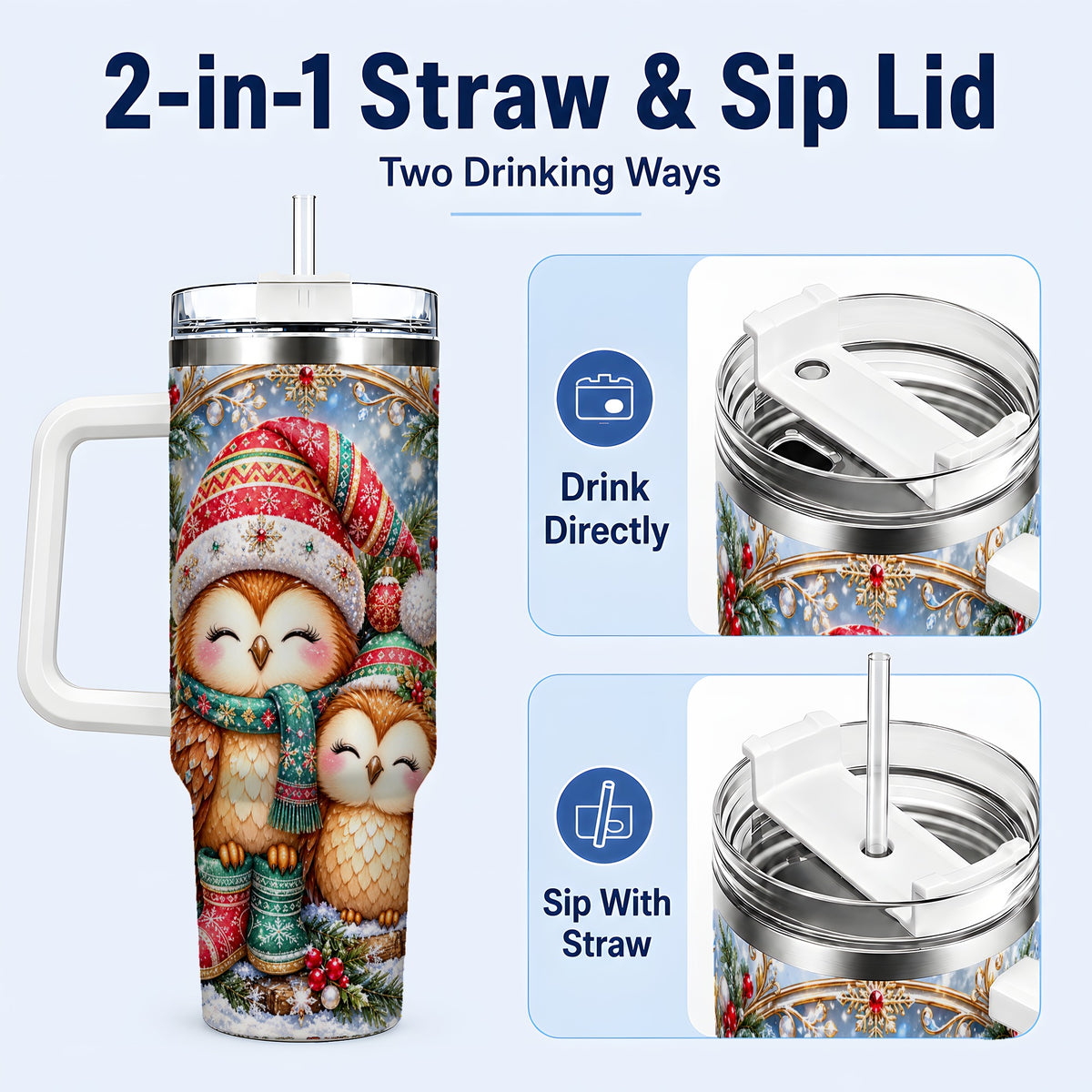 #pl[40oz|White] Christmas Owl Pair 40oz Tumbler, Cozy Owl Stainless Steel Travel Cup