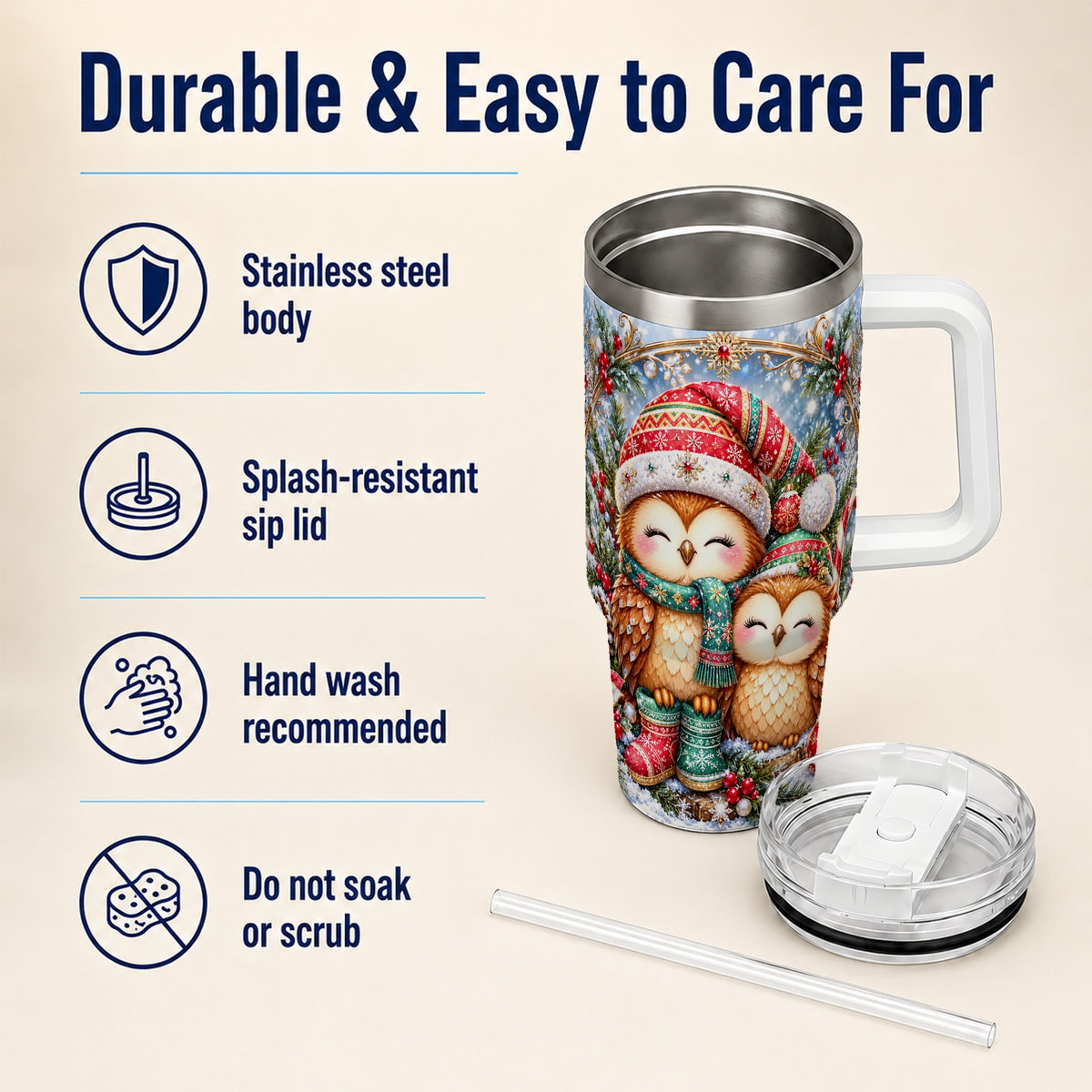 #pl[40oz|White] Christmas Owl Pair 40oz Tumbler, Cozy Owl Stainless Steel Travel Cup