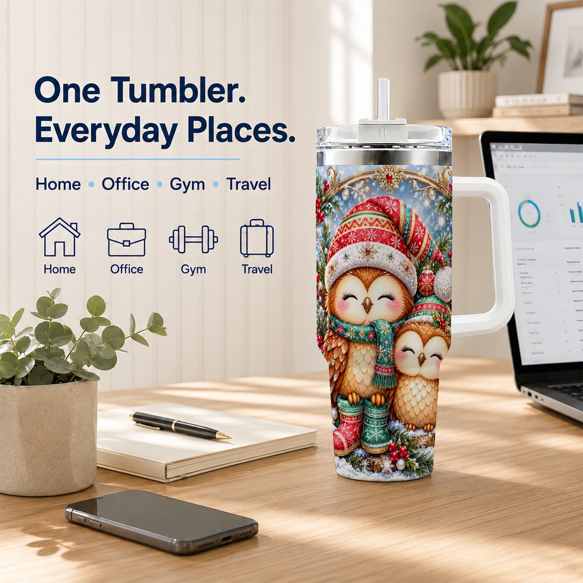 #pl[40oz|White] Christmas Owl Pair 40oz Tumbler, Cozy Owl Stainless Steel Travel Cup