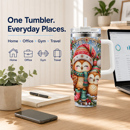 #pl[40oz|White] Christmas Owl Pair 40oz Tumbler, Cozy Owl Stainless Steel Travel Cup