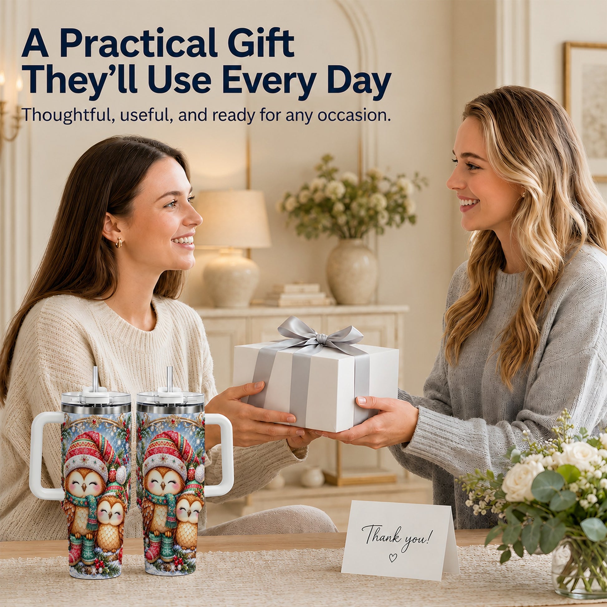 #pl[40oz|White] Christmas Owl Pair 40oz Tumbler, Cozy Owl Stainless Steel Travel Cup