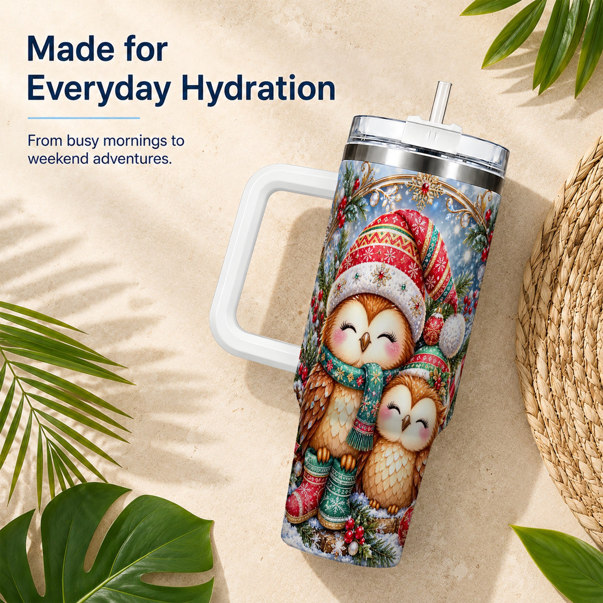 #pl[40oz|White] Christmas Owl Pair 40oz Tumbler, Cozy Owl Stainless Steel Travel Cup