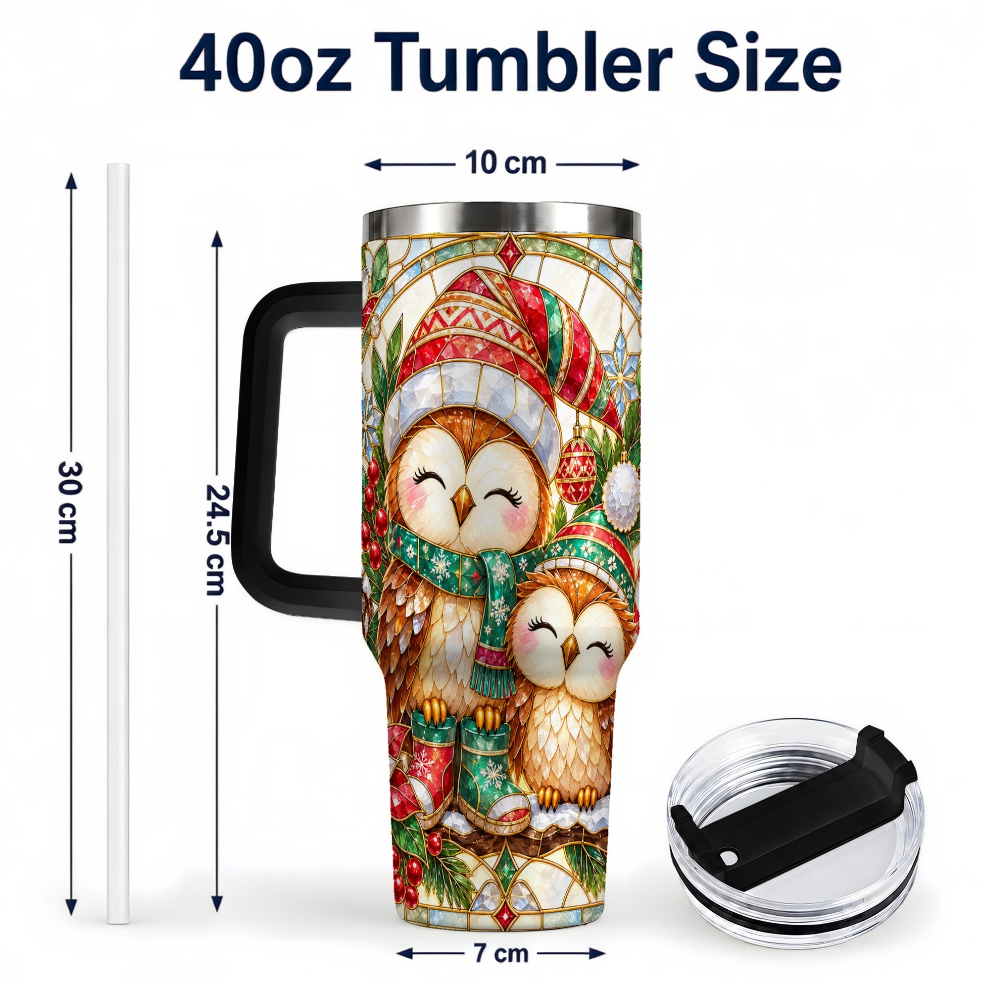 #pl[40oz|Black] Stained Glass Owl 40oz Tumbler, Christmas Owl Stainless Steel Travel Cup