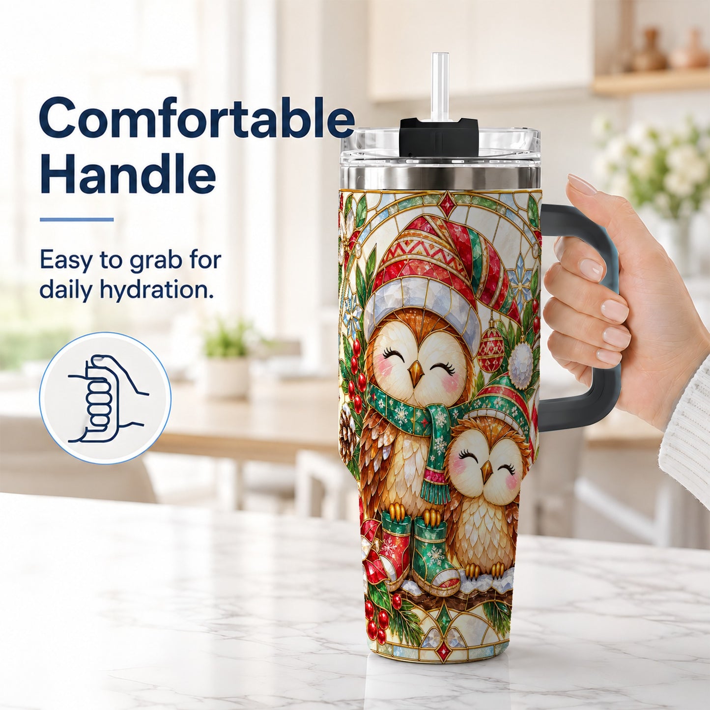 #pl[40oz|Black] Stained Glass Owl 40oz Tumbler, Christmas Owl Stainless Steel Travel Cup