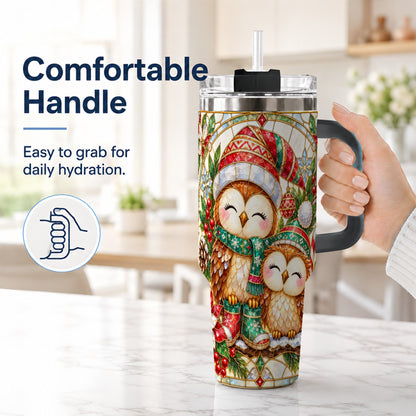 #pl[40oz|Black] Stained Glass Owl 40oz Tumbler, Christmas Owl Stainless Steel Travel Cup