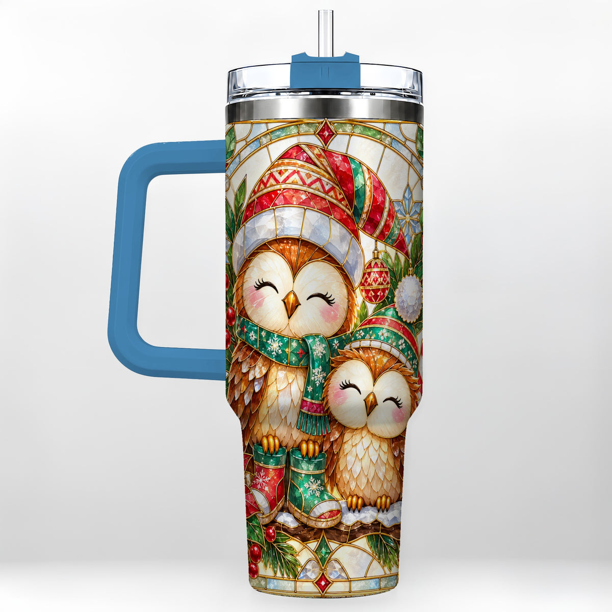 #pl[40oz|Blue] Stained Glass Owl 40oz Tumbler, Christmas Owl Stainless Steel Travel Cup