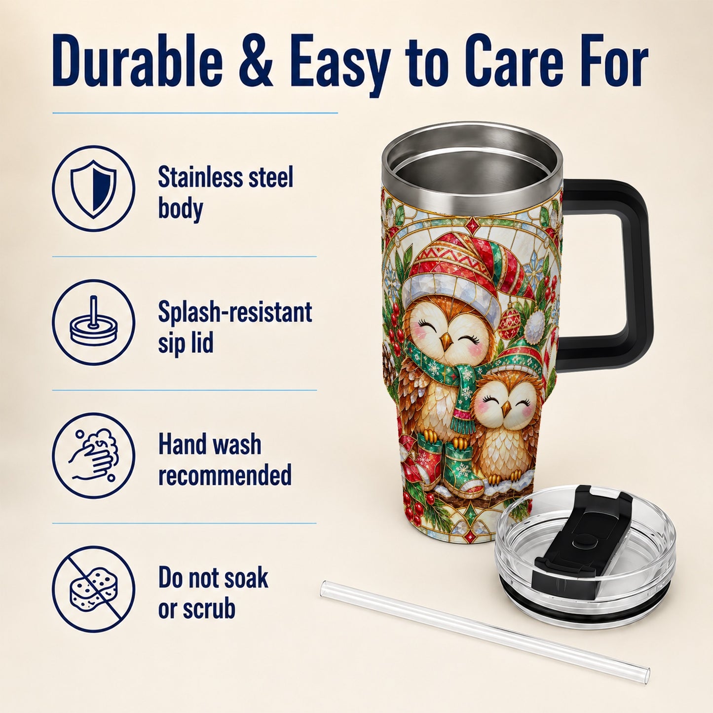 #pl[40oz|Black] Stained Glass Owl 40oz Tumbler, Christmas Owl Stainless Steel Travel Cup