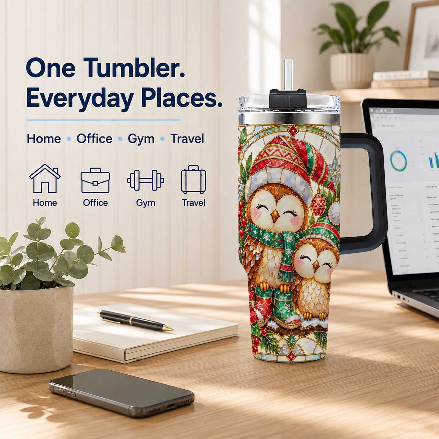 #pl[40oz|Black] Stained Glass Owl 40oz Tumbler, Christmas Owl Stainless Steel Travel Cup