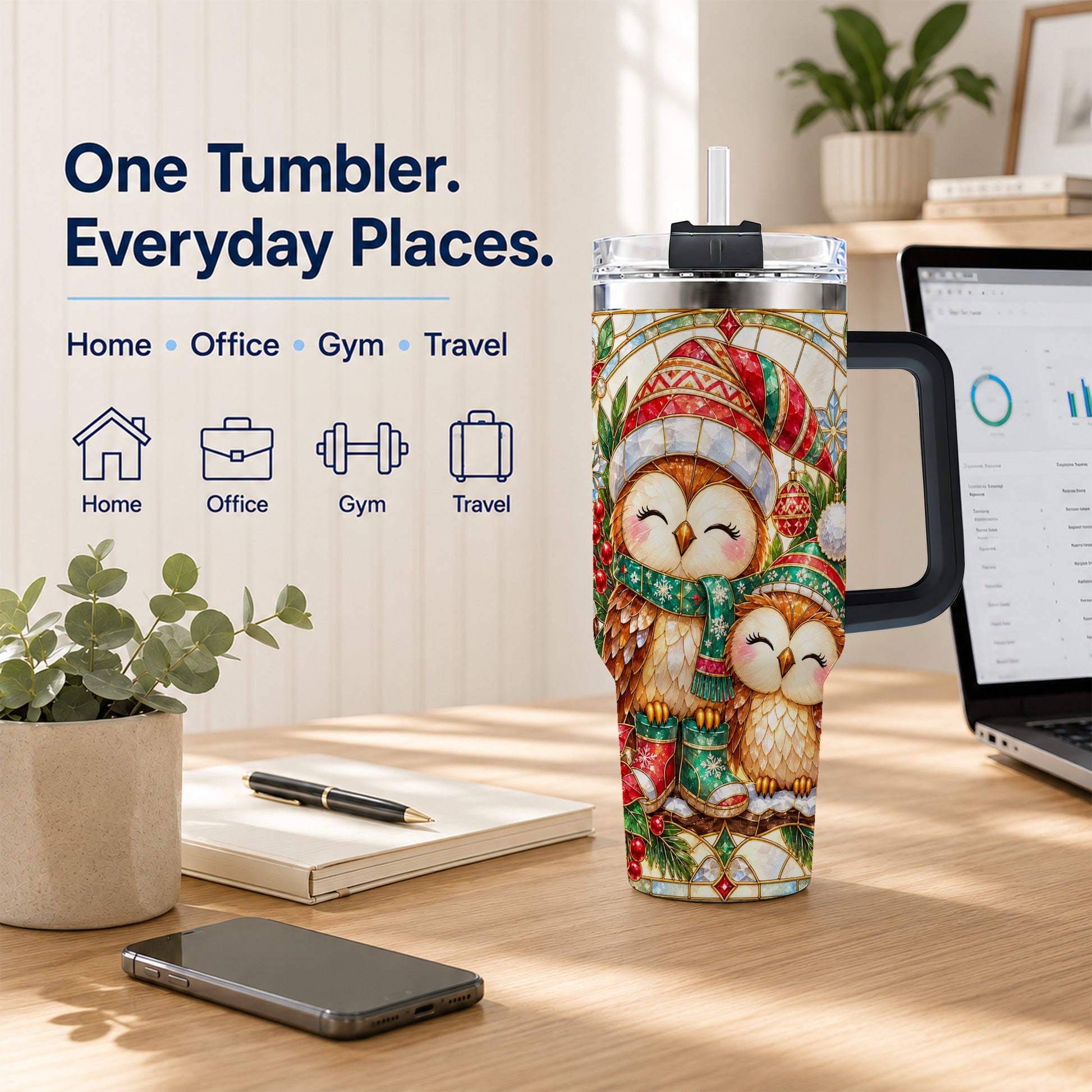 #pl[40oz|Black] Stained Glass Owl 40oz Tumbler, Christmas Owl Stainless Steel Travel Cup