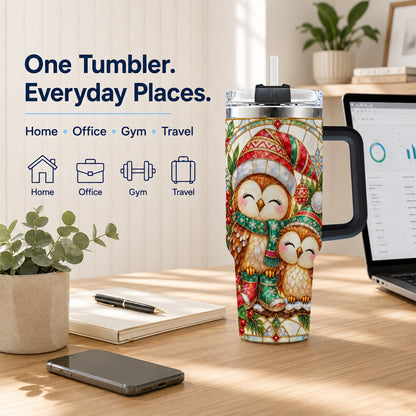 #pl[40oz|Black] Stained Glass Owl 40oz Tumbler, Christmas Owl Stainless Steel Travel Cup