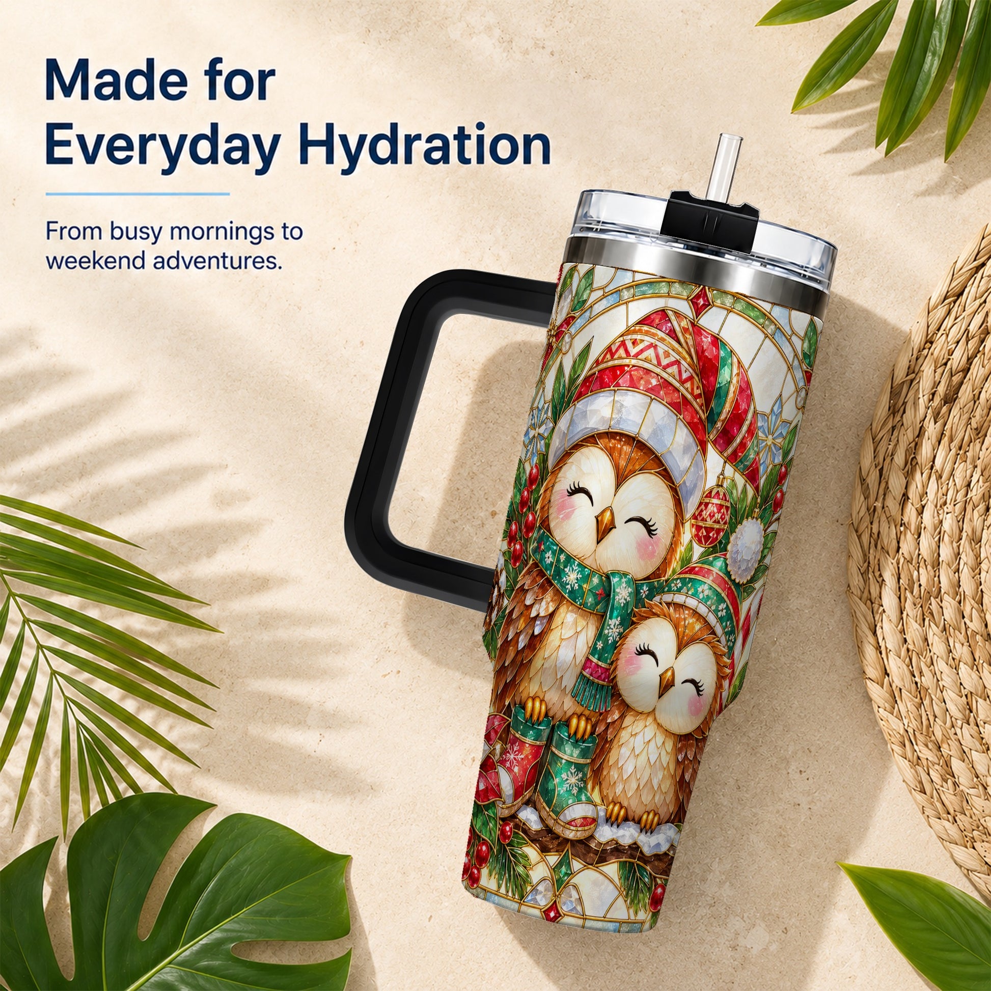 #pl[40oz|Black] Stained Glass Owl 40oz Tumbler, Christmas Owl Stainless Steel Travel Cup