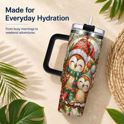 #pl[40oz|Black] Stained Glass Owl 40oz Tumbler, Christmas Owl Stainless Steel Travel Cup