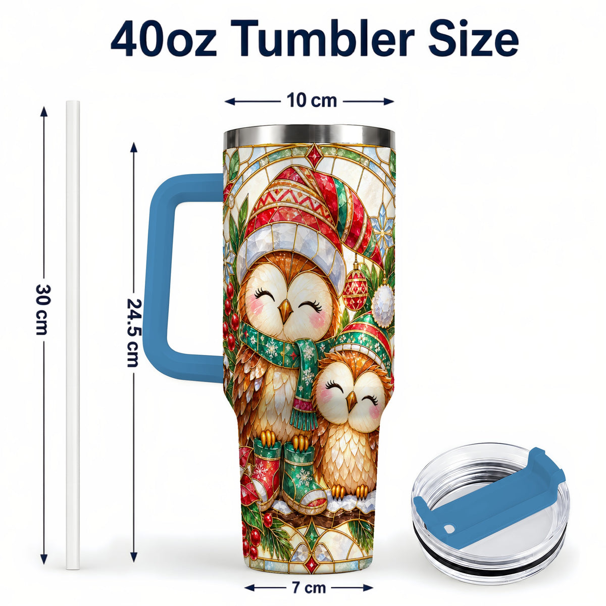 #pl[40oz|Blue] Stained Glass Owl 40oz Tumbler, Christmas Owl Stainless Steel Travel Cup