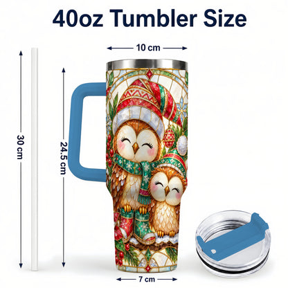 #pl[40oz|Blue] Stained Glass Owl 40oz Tumbler, Christmas Owl Stainless Steel Travel Cup