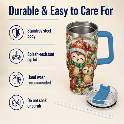 #pl[40oz|Blue] Stained Glass Owl 40oz Tumbler, Christmas Owl Stainless Steel Travel Cup
