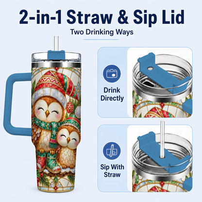 #pl[40oz|Blue] Stained Glass Owl 40oz Tumbler, Christmas Owl Stainless Steel Travel Cup