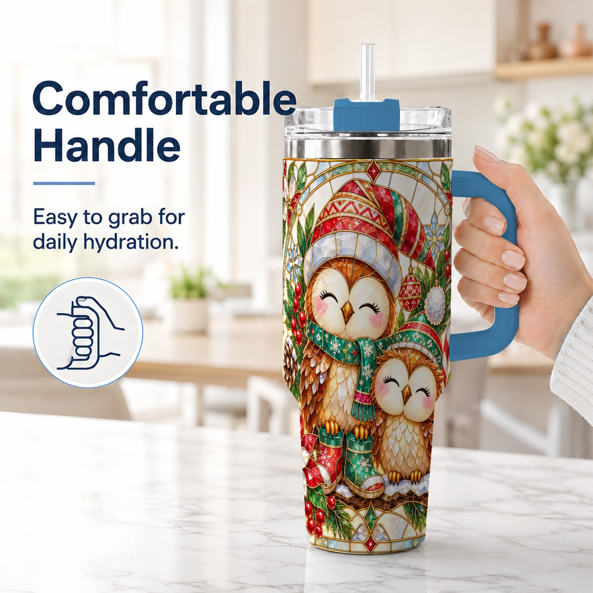#pl[40oz|Blue] Stained Glass Owl 40oz Tumbler, Christmas Owl Stainless Steel Travel Cup