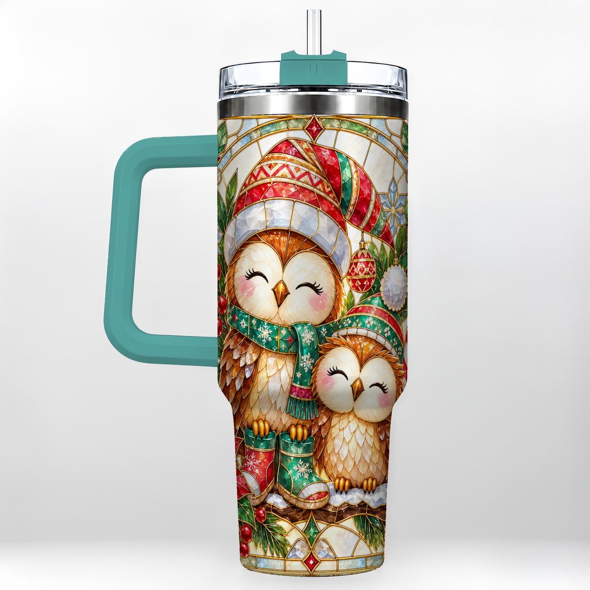 #pl[40oz|Green] Stained Glass Owl 40oz Tumbler, Christmas Owl Stainless Steel Travel Cup