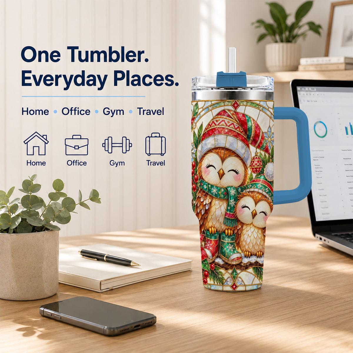 #pl[40oz|Blue] Stained Glass Owl 40oz Tumbler, Christmas Owl Stainless Steel Travel Cup