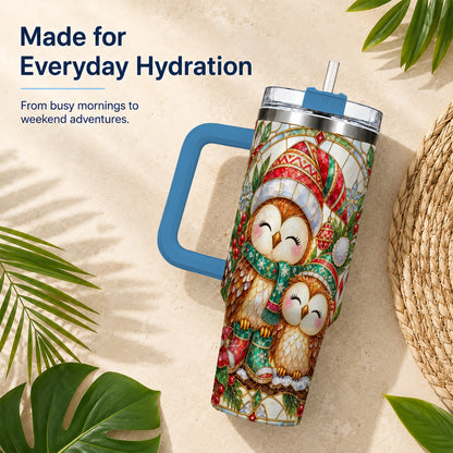 #pl[40oz|Blue] Stained Glass Owl 40oz Tumbler, Christmas Owl Stainless Steel Travel Cup