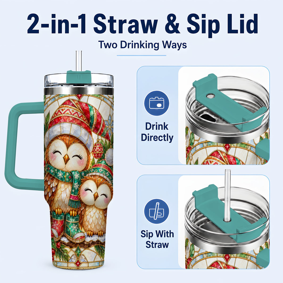#pl[40oz|Green] Stained Glass Owl 40oz Tumbler, Christmas Owl Stainless Steel Travel Cup