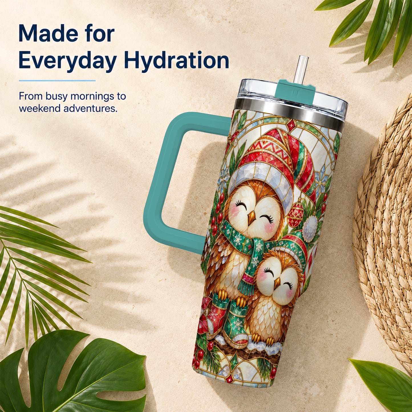 #pl[40oz|Green] Stained Glass Owl 40oz Tumbler, Christmas Owl Stainless Steel Travel Cup