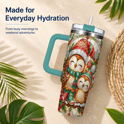 #pl[40oz|Green] Stained Glass Owl 40oz Tumbler, Christmas Owl Stainless Steel Travel Cup