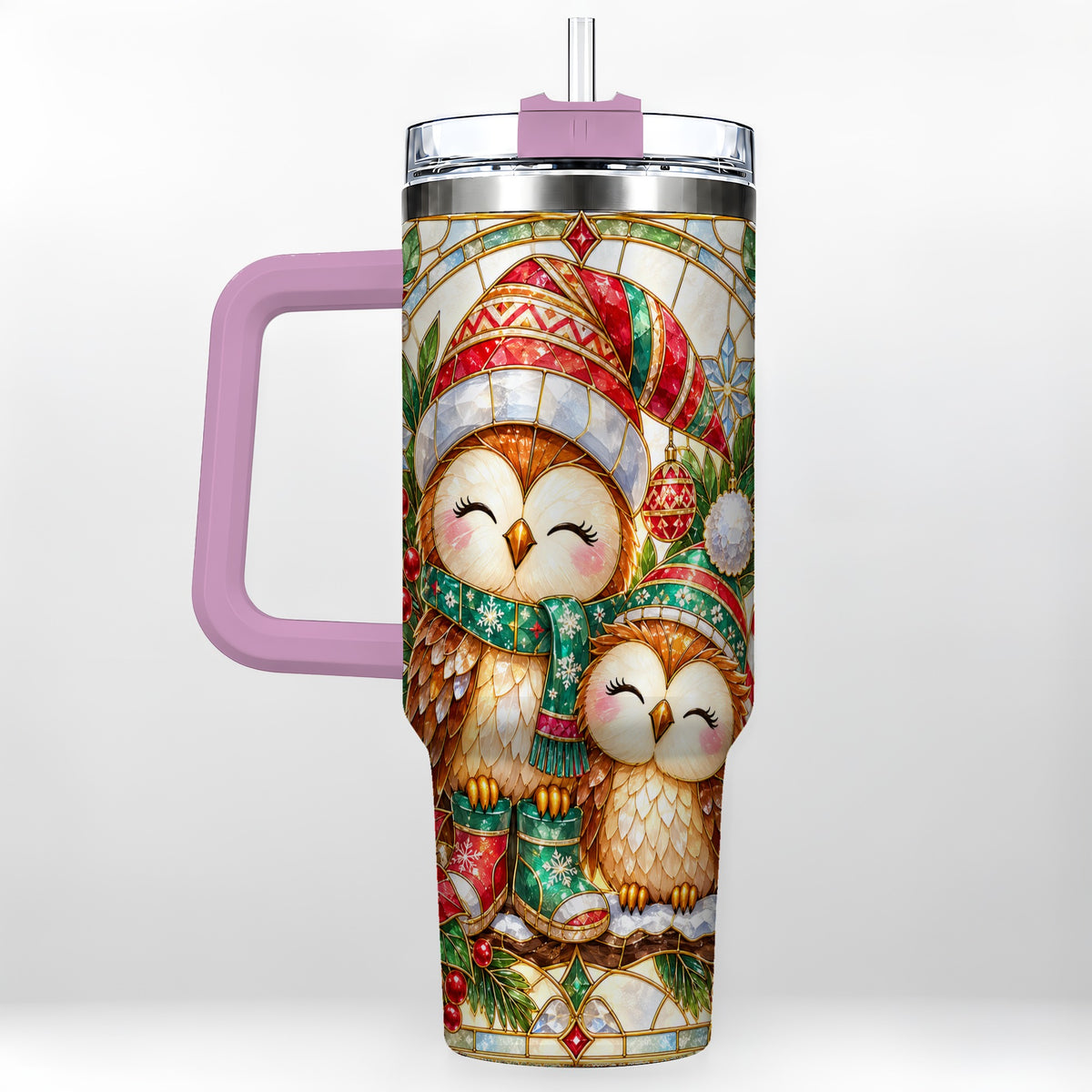 #pl[40oz|Pink] Stained Glass Owl 40oz Tumbler, Christmas Owl Stainless Steel Travel Cup